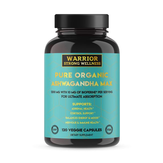 Ashwagandha Pure Organic Root Powder Capsules by Warrior Strong Wellness with Bioperine 1200 mg 120 Caps 3rd Party Tested Grief Cortisol Adrenal Fatigue Support
