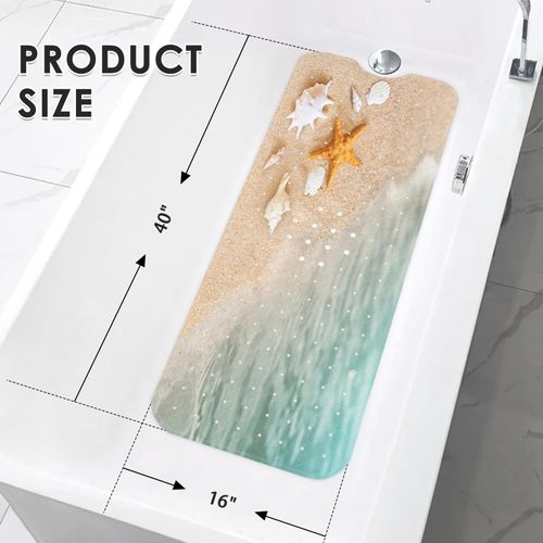 Culudea Beach Starfish Shells Bath Mat for Tub Non Slip, Blue Sea Ocean 40 X 16 Inch Extra Long Bathtub Mat for Tub Anti Slip with Suction Cups and Drain Holes for Kids Adults Elderly
