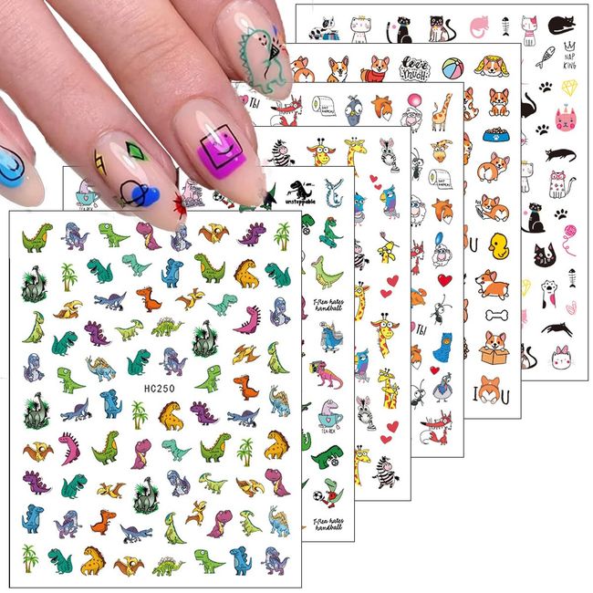 Cute Cartoon Nail Art Stickers Decals, 3D Self-Adhesive Cartoon Dinosaurs/Cats/Dogs/Giraffes Animal Print Nail Design for Acylic Nail, Nail Art Supplies for Women and Girls (6 Sheets)