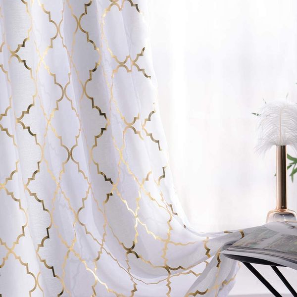 YJ YANJUN White Voile Curtains for Windows 54 Drop Foil Print Gold and White Net Curtains Light Filtering 2 Panels 52" Wide x 54" Drop