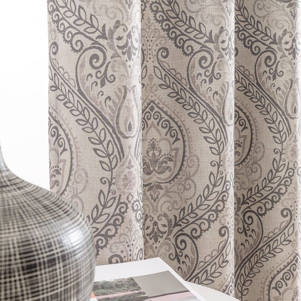 jinchan Grey Curtains for Living Room, Room Darkening Curtains 84 Inch Length 2 Panels Set, Linen Textured Medallion Drapes for Bedroom, Damask Pattern Vintage Window Treatments, Grommet Top Gray