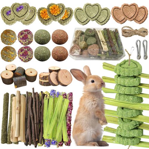 Tyotrbs 68pcs DIY Rabbit Chew Toys,Rabbit Toy for Bunnies Boredom Bunny Toys for Teeth, Timothy Stick, Apple Sticks, Sweet Bamboo, for Guinea Pig, Hamster, Chinchilla, Rat, Small Animals