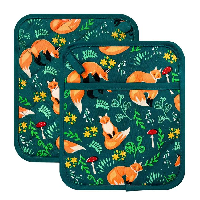 Pot Holders Set of 2 Heat Resistant 480℉ Kitchen 100% Cotton Comfortable Lining Printing Fox Flower Women Men Home Cooking Baking Microwave BBQ Gift(Fox Flower)