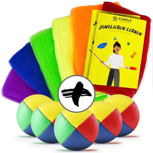 Diabolo Freizeitsport Ideales Jonglierset für Anfänger - 5 Profi Jonglierbälle, 6 Bunte Jongliertücher & hilfreiche Anleitung - Perfekt zum Start in die Jonglage für Kinder und Erwachsene