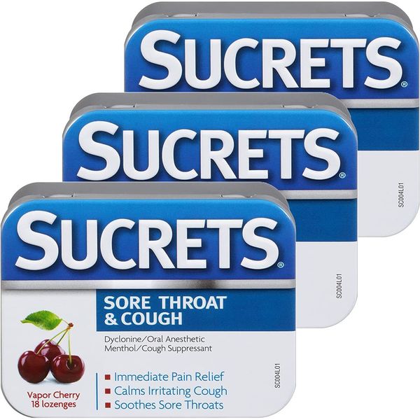 SUCRETS Vapor Cherry Sore Throat & COUGH Lozenges 18ct Tin ( 3 pack ) ^