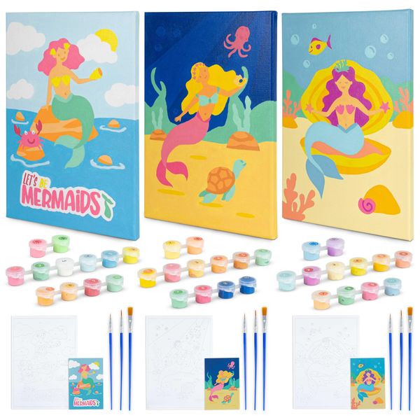 BONNYCO Paint by Numbers Kit for Kids Mermaid Pack 3 Canvas Paint by Number Canvas Framed Mermaid Gifts for Girls Arts and Crafts, Kids Paint by Number Kits, Pre Drawn Canvas for Painting for Kids