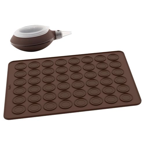 Lékué Macaron Baking Kit with 24 Mold Mat & Decomax (Brown) 100% Silicone, Multiple Decorating/Filling Nozzles, Non-Stick, Dough Baking Tray for Oven/Microwave, Dishwasher-Safe, Recipe Book Included