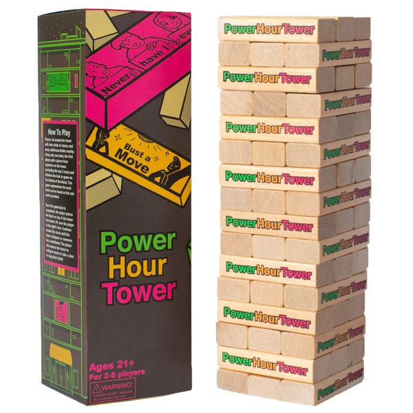 Power Hour Tower Party Game - Stacking Wooden Block for Adult Group Fun - Makes a Great Gift and Hilarious Activity