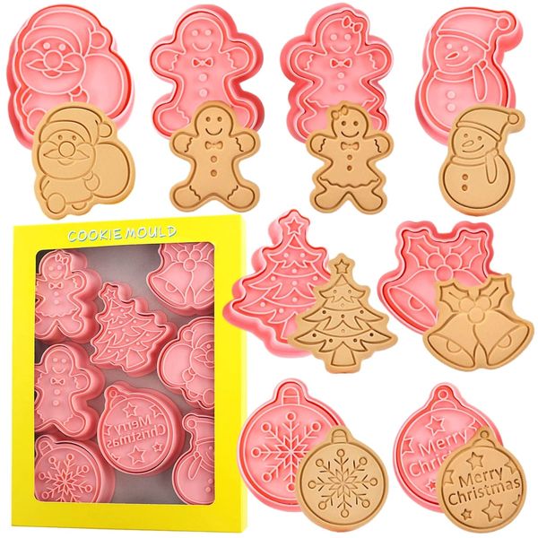 Crethink Christmas Cookie Cutters and Stamps, 8pcs 3D Pressable Christmas Cookie Cutter Set- Gingerbread Man, Christmas Tree, Snowman,Santa,Bells,Snowflake,Merry Christmas