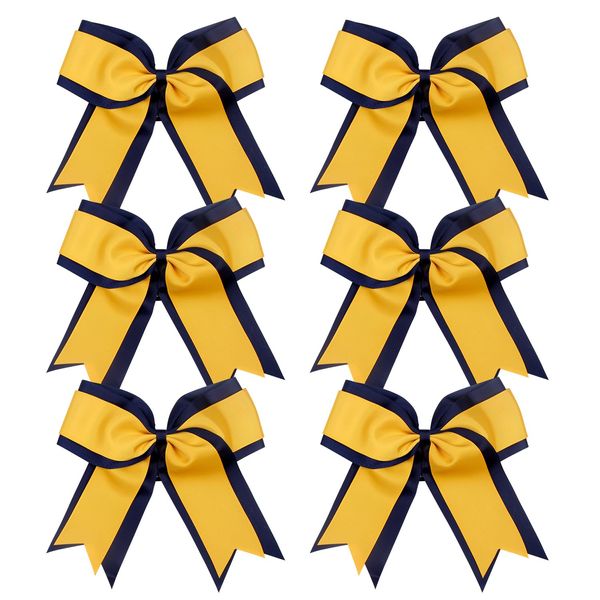 8 Inch 2 Colors 2 Layers 6 Pcs Jumbo Cheerleader Bows Ponytail Holder Cheerleading Bows Hair Elastic Hair Tie for High School College Cheerleading (Navy Blue/Gold)