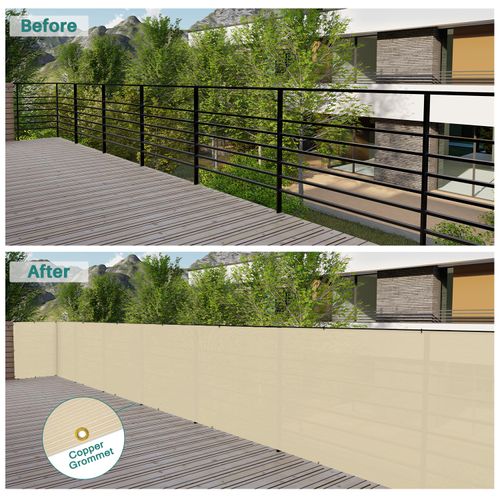 Bynbbur 2.5' x 8' Beige Balcony Privacy Screen Apartment Deck Railing, Mesh Fencing Cover Lattice Panels for Outside, UV Block Shade Cloth with Grommets for Patio Backyard Porch