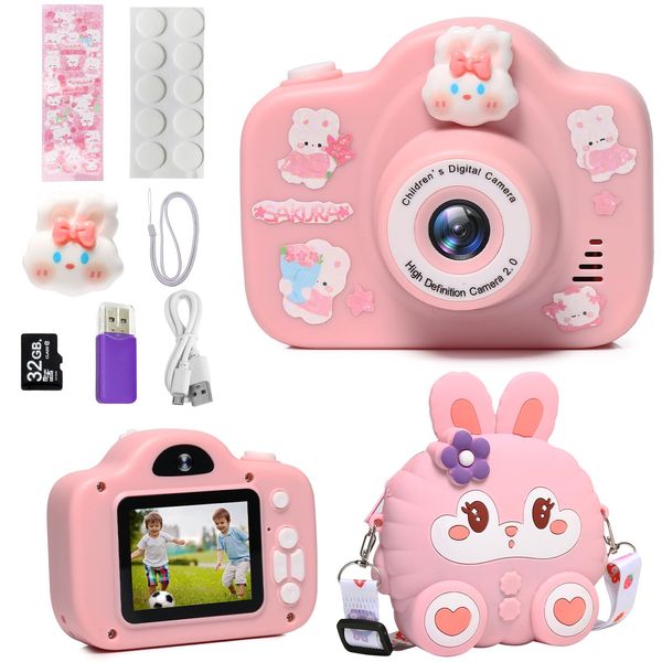 Kids Camera, Christmas Birthday Gifts for Children Age 3-8, HD Digital Video Cameras for Children, Portable Toy for 3 4 5 6 7 8 Year Old Kid with 32GB SD Card and Cute Children's Camera Bag (Pink)