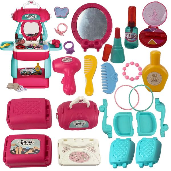 Shape28 Beauty Bag Playset Pretend Makeup Toy Set 44 Pieces Children Makeup Toy Princess Dressing Table Kids Vanity (DarkPink)