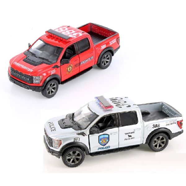 KiNSMART 2022 Ford F-150 Raptor Police & FIre Edition 2Set 5" 1:46 Scale Die Cast Metal Model Toy Trucks