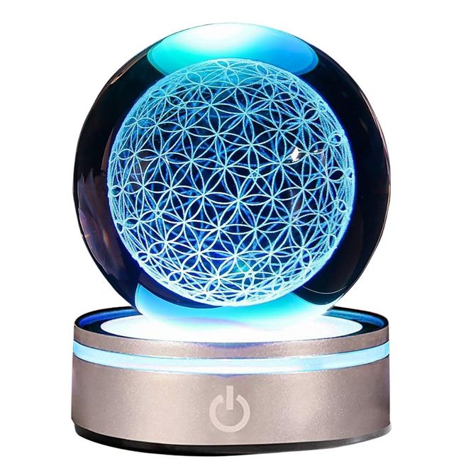 3D Crystal Ball Crystal Space Figurine Pedestal Light Object Flower Stylish Feng Shui Purification Healing Laser Sculpture Art Interior Entrance Present (3DL01) (Flower of Life C)