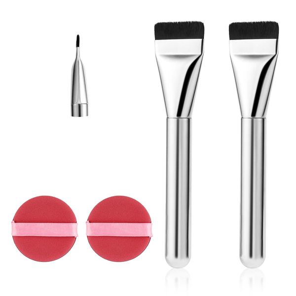 4pcs Flat Top Foundation Brush Sets, with 2 Makeup Puffs Thin Blade Foundation Brush Portable Liquid Foundation Applicator Makeup Face Brushes Facial Mask Brush Beauty Brushes for Girls Women