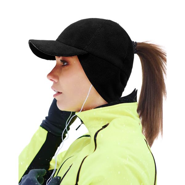 Gisdanchz Winter Basecap Damen Pferdeschwanz Mütze mit Ohrenklappen Laufen Cappy Frauen Kappe Schirmmütze Schildkappe WintermüTZE Damen Warm Women Baseball Cap Ponytail Hat, Schwarz S/M