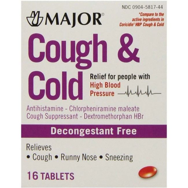 COUGH & COLD RELIEF FOR PEOPLE WITH HIGH BLOOD PRESURE 16CT BY MAJOR X 3 BOXES