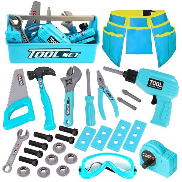 LOYO Kids Tool Set - 30Pcs Pretend Play Tool Toys with Kids Tool Belt, Electric Toy Drill, Construction Tool Box Kit Kids Toys Gift for Boys Age 3 4 5 6 Years Old