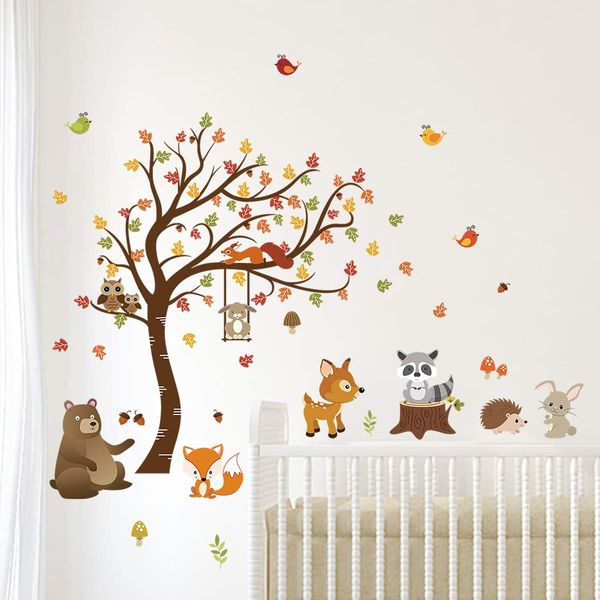 decalmile Forest Animals Tree Wall Decal Fox Deer Fall Leaves Wall Stickers Baby Nursery Kids Bedroom Classroom Wall Decor (H: 31 Inches）