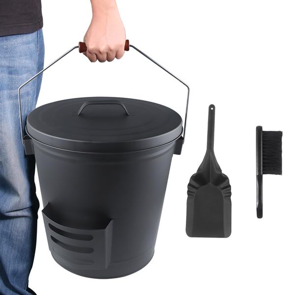 Ash Bucket with Lid and Shovel Hand Broom 5.15 Gallon Large Galvanized Iron M...