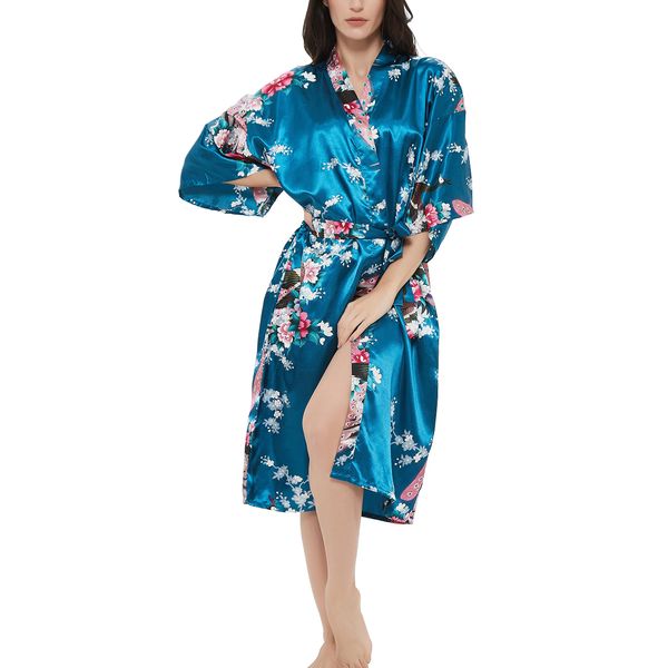 Women's Satin Rose Print Kimono Robe Premium Peacock Bridesmaid Bridal Dressing Gown Sleepwear Nightwear