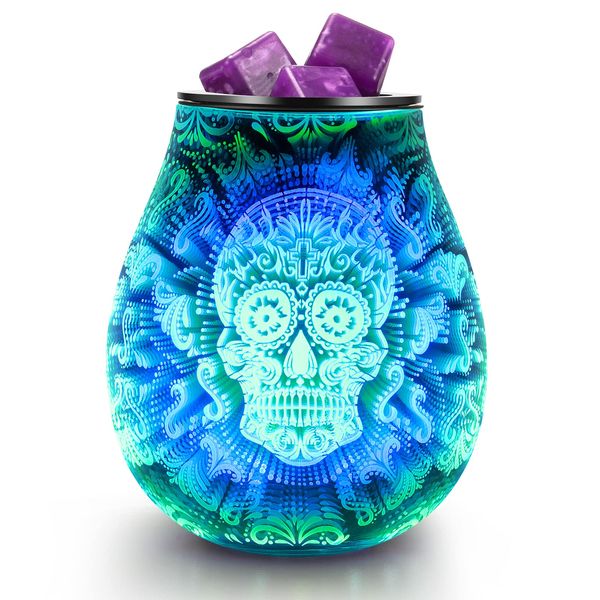 inrorans Skull Halloween Scentsy Warmer 3D Glass Electric Wax Melt Warmer with 7 Colour Cycle Changing LED Light PTC Heating Removable Silicone Tray Aroma Fragrance Lamp Gift Present…