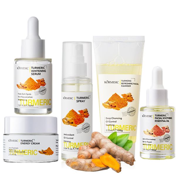 Turmeric Skin Care Kit,Turmeric Skincare Set For Anti-Aging Glowing Skin,5PCS Turmeric Skin Care Sets & Kits,Face Toner & Face Serum & Oil Essence & Face Cream & Cleanser,Remove Blackhead & Soft Skin