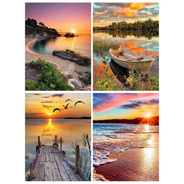 LWZAYS 4 Pack Cross Stitch Kits-Stamped Cross Stitch Kits for Adults Landscape Counted DIY Embroidery Needlepoint Kits Home Decor 12x16inch