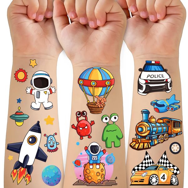 Space Planets Vehicle Temporary Tattoos for Kids, Rocket Astronaut Spaceship Motorcycle Car Plane Ship Transportation Fake Tattoos for Kids Boys Girls Birthday Party Supplies Favors (36 Sheets)