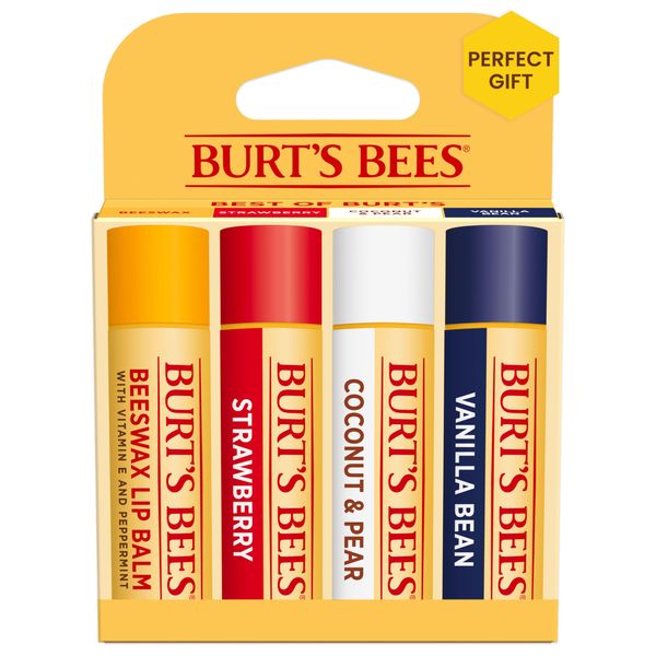 Burt's Bees Lip Balm Easter Basket Stuffers - Beeswax, Strawberry, Coconut and Pear, and Vanilla Bean Pack, With Responsibly Sourced Beeswax, Tint-Free, Natural Lip Treatment, 4 Tubes, 0.15 oz.