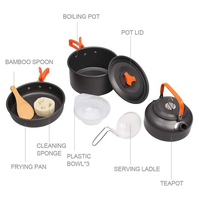 Camping Cookware Pots and Pans Set With Tea Kettle