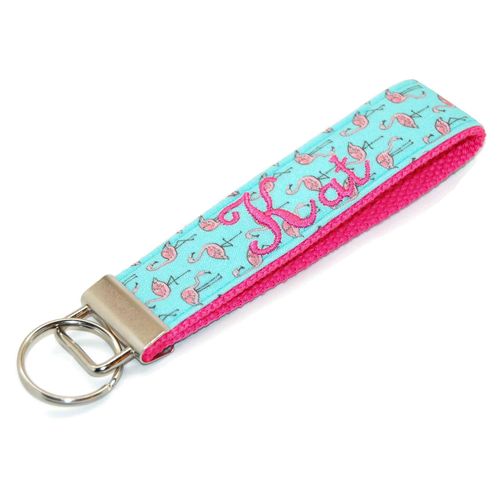 Personalized Flamingo Gift Keychain Pink Flamingo on Blue Fabric Key Fob with Your Choice of Name and Color
