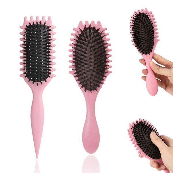 2 Stücke Bounce Lockenbürste Bounce Defining Brush Wildschweinborsten, Gummi-Luftpolster, Zum Kämmen, Formen Und Definieren Von Lockigem Damenhaar (Rosa)