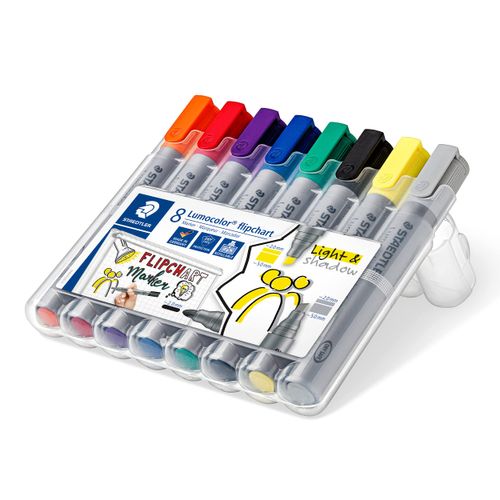 STAEDTLER Lumocolor, Colour-Intensive, Quick-Drying, Low-Odour Ink, Does Not Bleed Through Paper, 8 Flipchart Markers in Stand-Up Staedtler Box, 356 SWP8