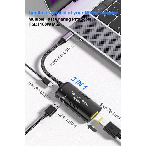 PLUSPOE USB C to Slim Tip Adapter, PD3.0 Fast Multi-Port Charging for Lenovo Thinkpad, MacBook, Chromebook