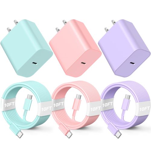 Phone 16 15 Charger Fast Charging, 3 Pack 20W USB C Colorful Charger Block with 10 FT USB-C to C Cable Compatible with iPhone 16 15 Pro/Plus/Pro Max,Pad Pro 12.9/11 inch,Pad Air 5th