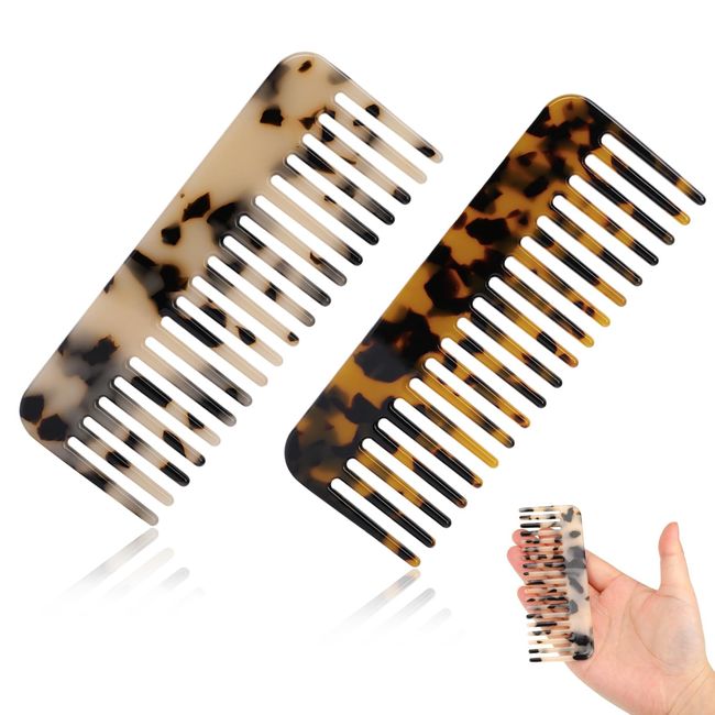 Mini Cellulose Wide Tooth Comb,2 Pack Portable Hair Detangling Comb Small Leopard Pocket Comb No Handle Tortoise Hair Comb for Thick Curly Wavy Wet and Dry Hair