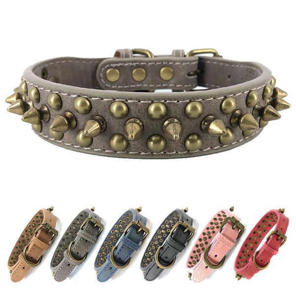 Spiked Studded Dog Collar-Bronze Round Stud Anti-Bite Collar (Grey,L)