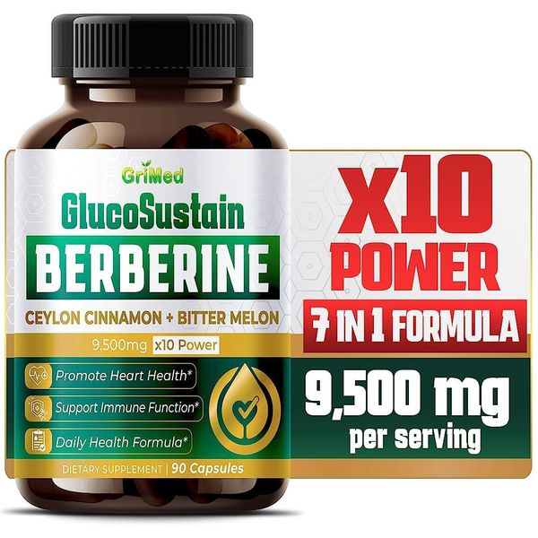 GriMed GlucoSustain Berberine 9500mg Ceylon Cinnamon Bitter Melon Sym Glucose Wellness 90 Count 1 Pack