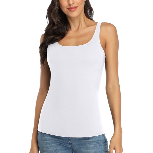 Charmo Women's Cotton Tank Top with Shelf Bra Adjustable Wider Strap Camisole Basic Undershirt White M