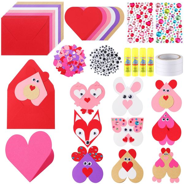 Yexiya 380 Pcs Valentine's Day DIY Craft Kit Valentine's Day Ornaments Decorations Paper Heart Cards with Googly Eyes Gem Sticker Envelopes for Kid Valentines Game Activity Party Supplies