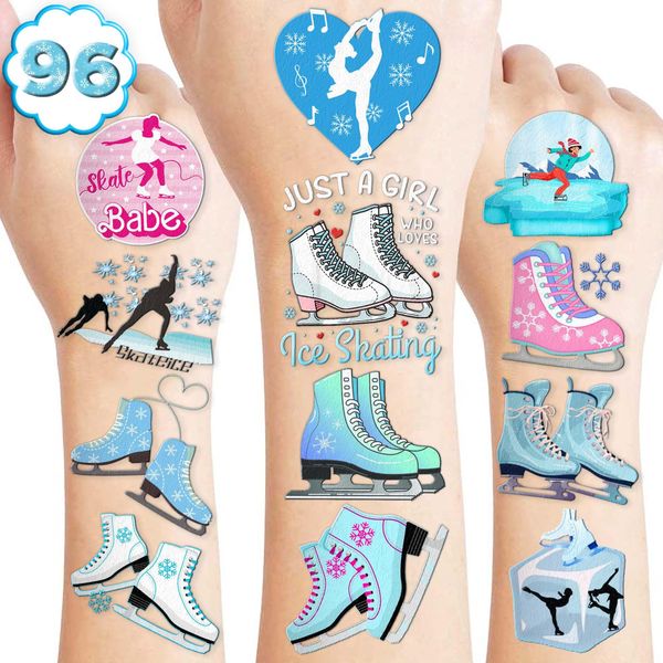 8 Sheets (96PCS) Ice Skating Skate Temporary Tattoos Theme Snow Winter Birthday Party Decorations Favors Supplies Decor Stickers for Kids Boys Girls Gifts School Prizes Rewards