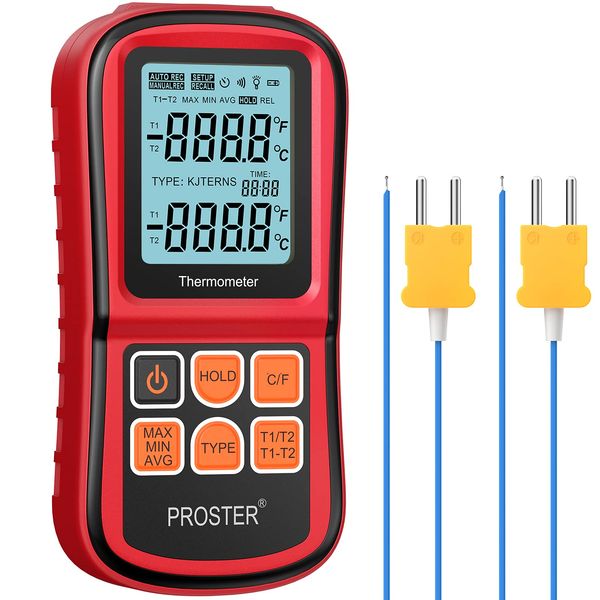 Proster Digital Thermocouple Temperature Thermometer with Two K-Type Thermocouple Probe Backlight LCD K Type Thermometer Dual Channel for K/J/T/E/R/S/N Type