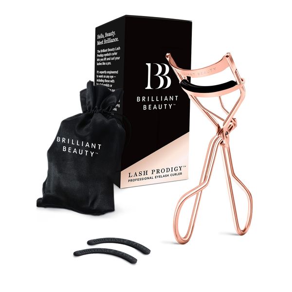 Brilliant Beauty Eyelash Curler with Satin Bag & Refill Pads - Award Winning - No Pinching, Just Dramatically Curled Eyelashes for a Lash Lift in Seconds (Rose Gold)