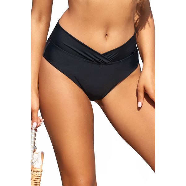 SHEKINI Women's High Waist Bikini Bottoms Ruched Foldover Front Swimming Briefs Full Coverage Swim Shorts, Black, Small