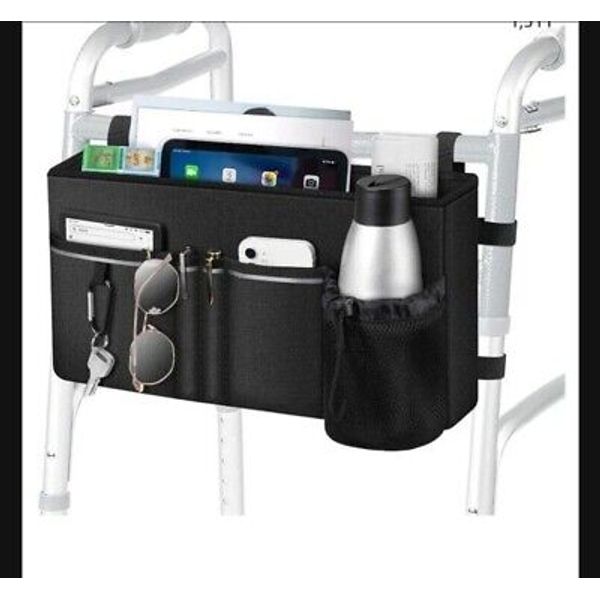 Black Bag For Folding Walker - Collapsible Rollator Bag Pouch With Cup Holder