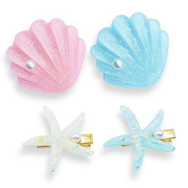 4 Pcs IKUHRMO Starfish Shell Pearl Hair Clip Set, Artificial Mermaid Costume Hairpin Princess Headwear for Girls Women Hair Accessories (Blue+Pink)