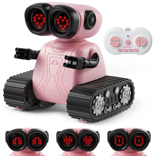 SGILE Remote Control Robot Toys with Music and Led Emojis Eyes, Auto-Demonstration, RC Rechargeable Emo Robots for Kids Age 3 4 5 6 7 Year Old Girls and Boys Gift Pink