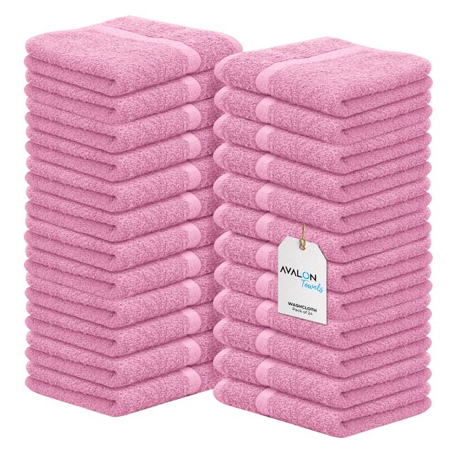 Avalon Towels Cotton Washcloths – (Pack of 24) Size 12x12 Inches Premium Ring Spun Cotton, Super Absorbent Soft Face Towels, Gym Towels, Hotel Spa Quality, Reusable Multipurpose Towels (Pink)